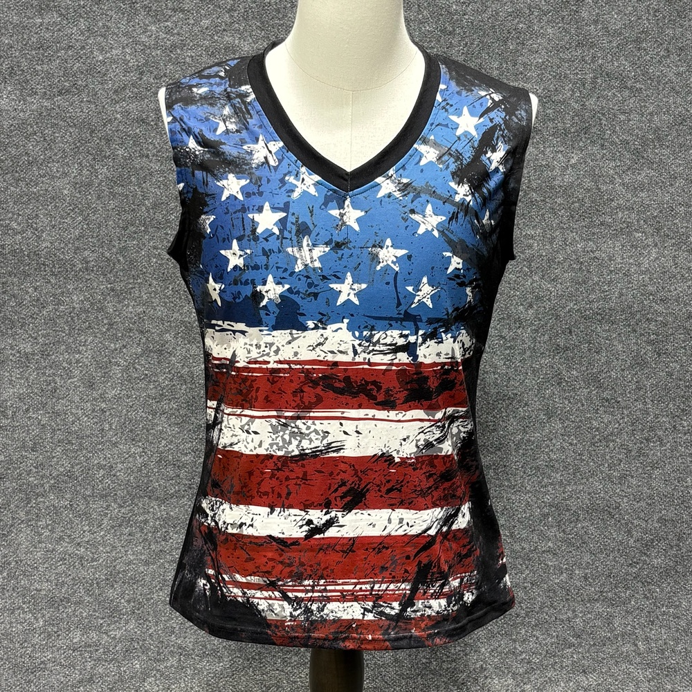 Tank Top Mens Large Multicolor American Flag V Neck Sleeveless Patriotic USA
